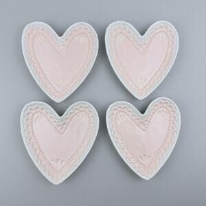 Pottery Barn Heart Appetizer Plates SET OF 4 Decorated Lace Edge Valentines Day